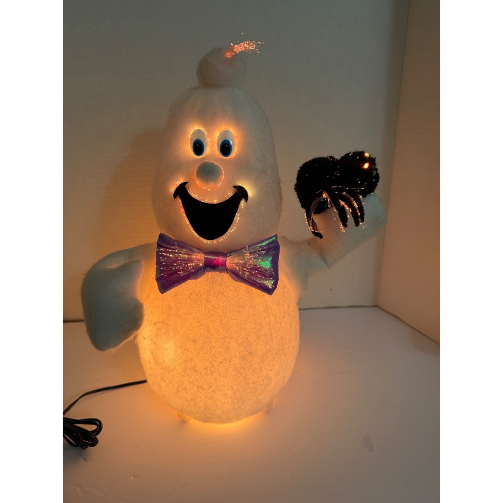 Vintage Halloween Fiber Optic Ghost with Spider Light Up Decor White Plush